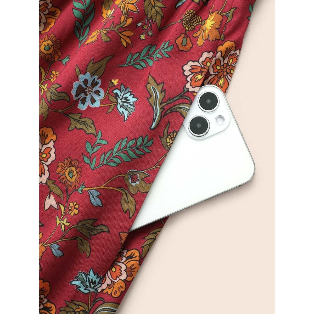 Plus Size V Neck Bandana Print Shirred Dress Burgundy Women Resort Shirred V-neck Elbow-length sleeve Curvy BloomChic 22-24/3X Product Image