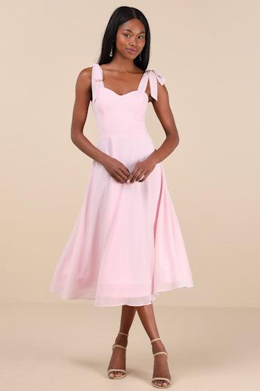 Sophisticated Charisma Light Pink Tie-Strap A-Line Midi Dress Product Image