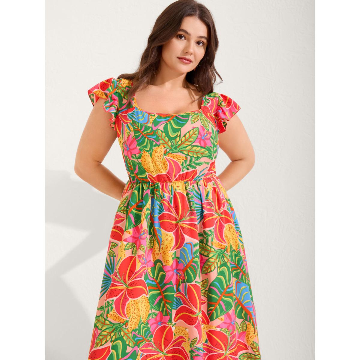 Plus Size Bright Floral Print Pockets Flutter Midi Dress Crepe Women Heart neckline Cap Sleeve Curvy BloomChic 12/L Product Image