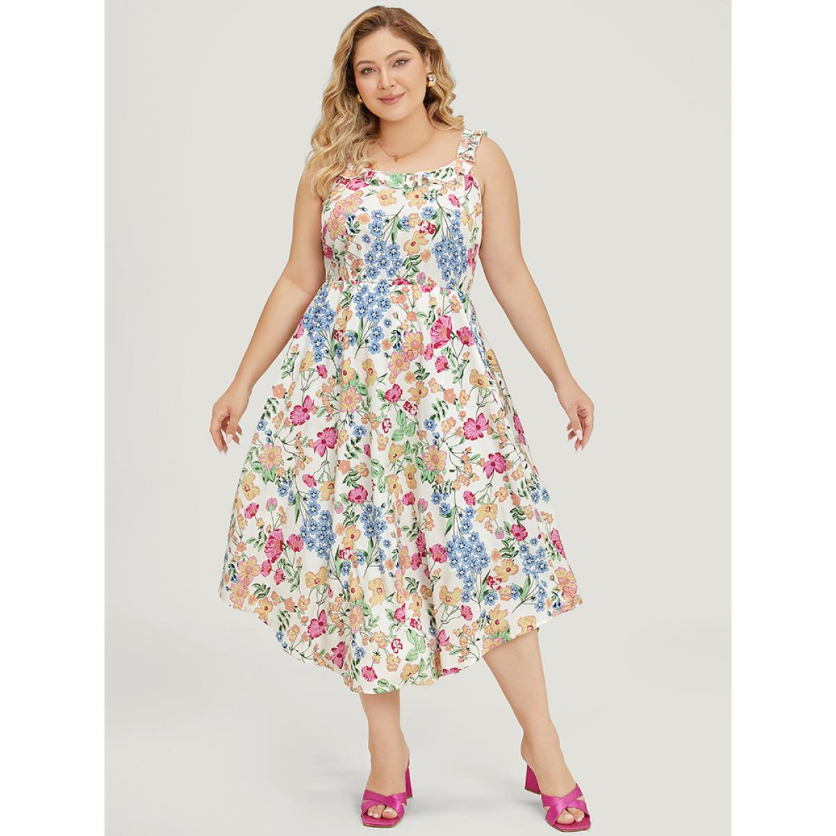 Plus Size Floral Arc Hem Pocket Square Neck Ruffle Trim Cami Dress Multicolor Women Elegant Arc Hem Square Neck Sleeveless Curvy Midi Dress BloomChic 18-20/2X Product Image