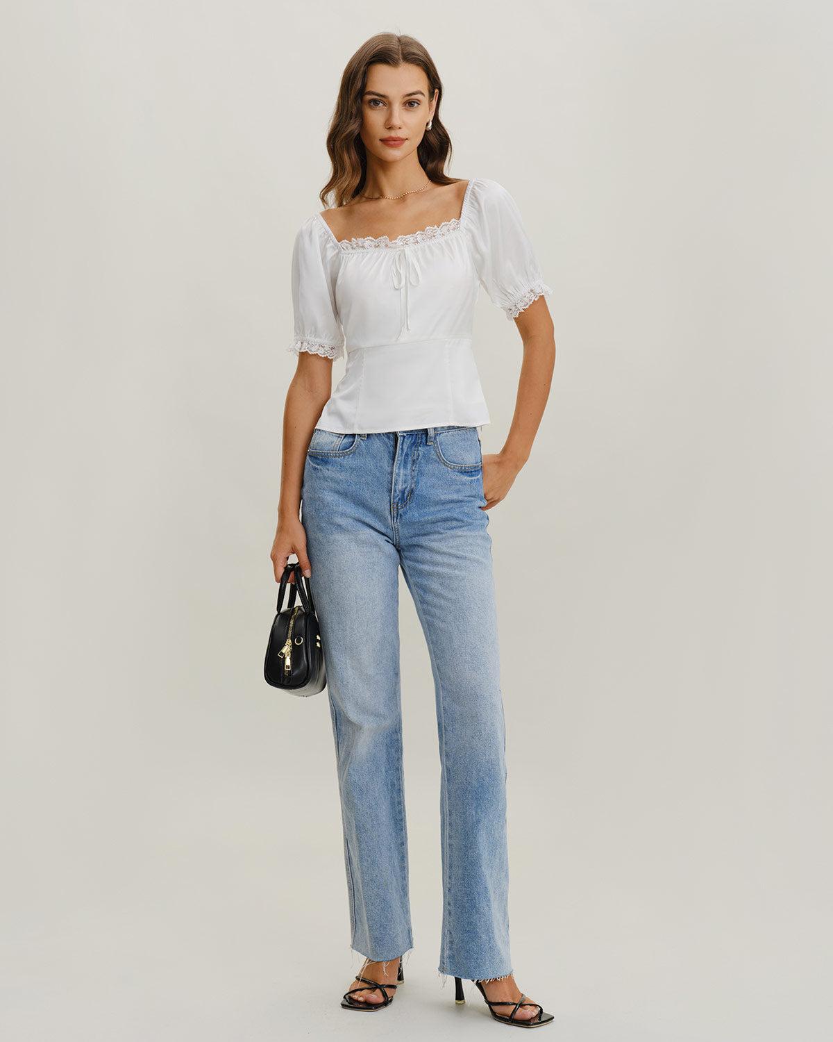 White Square Neck Lace Satin Blouse Product Image