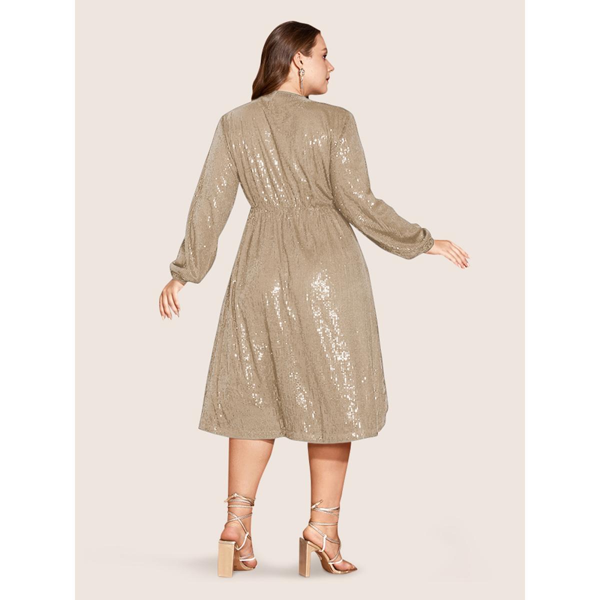 Plus Size Solid Pocket Lantern Sleeve Wrap Sequin Dress Champagne Women Party Pocket Overlap Collar Long Sleeve Curvy Midi Dress BloomChic 12/L Product Image
