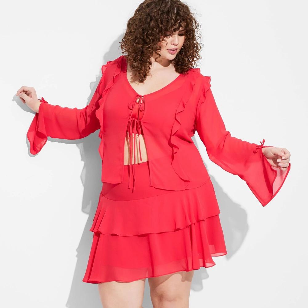 Women's Long Sleeve Flyaway Top - Wild Fable™ Cherry Red XXS: Recycled Polyester, Bell Sleeve, Front Tie, Chiffon Blouse Product Image