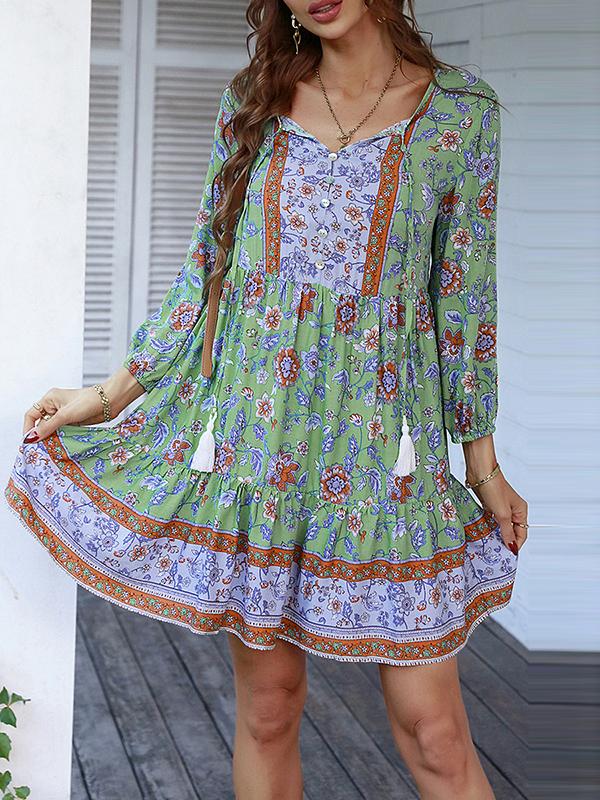A-Line Loose Buttoned Contrast Color Flower Print Pleated V-Neck Mini Dresses Product Image