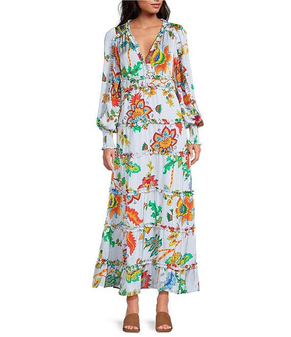 Chelsea & Violet Margaux Floral Print Long Sleeve Deep V-Neckline Plisse Dress Product Image