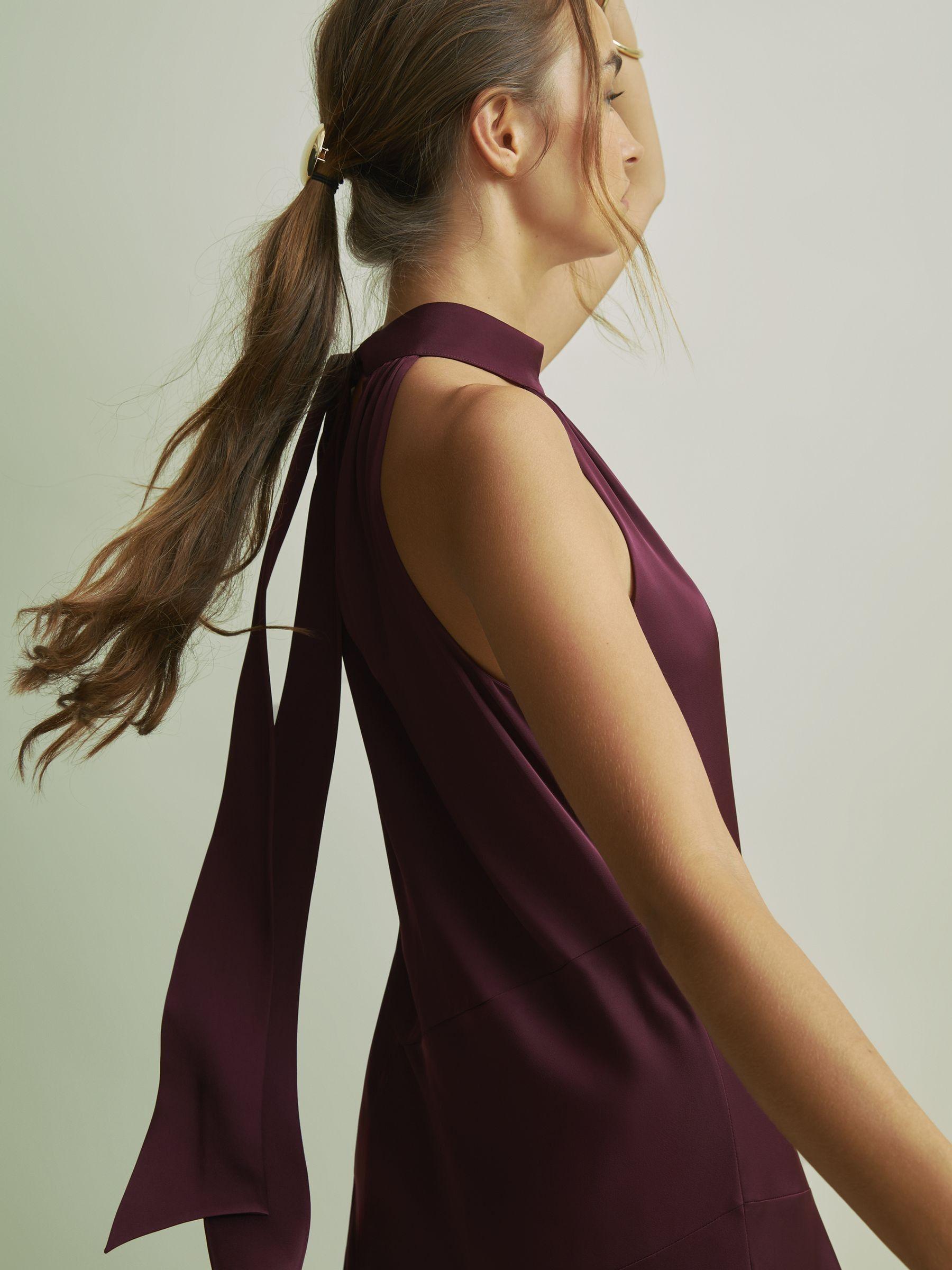 Florere Halter Neck Asymmetric Midi Dress in Burgundy Product Image