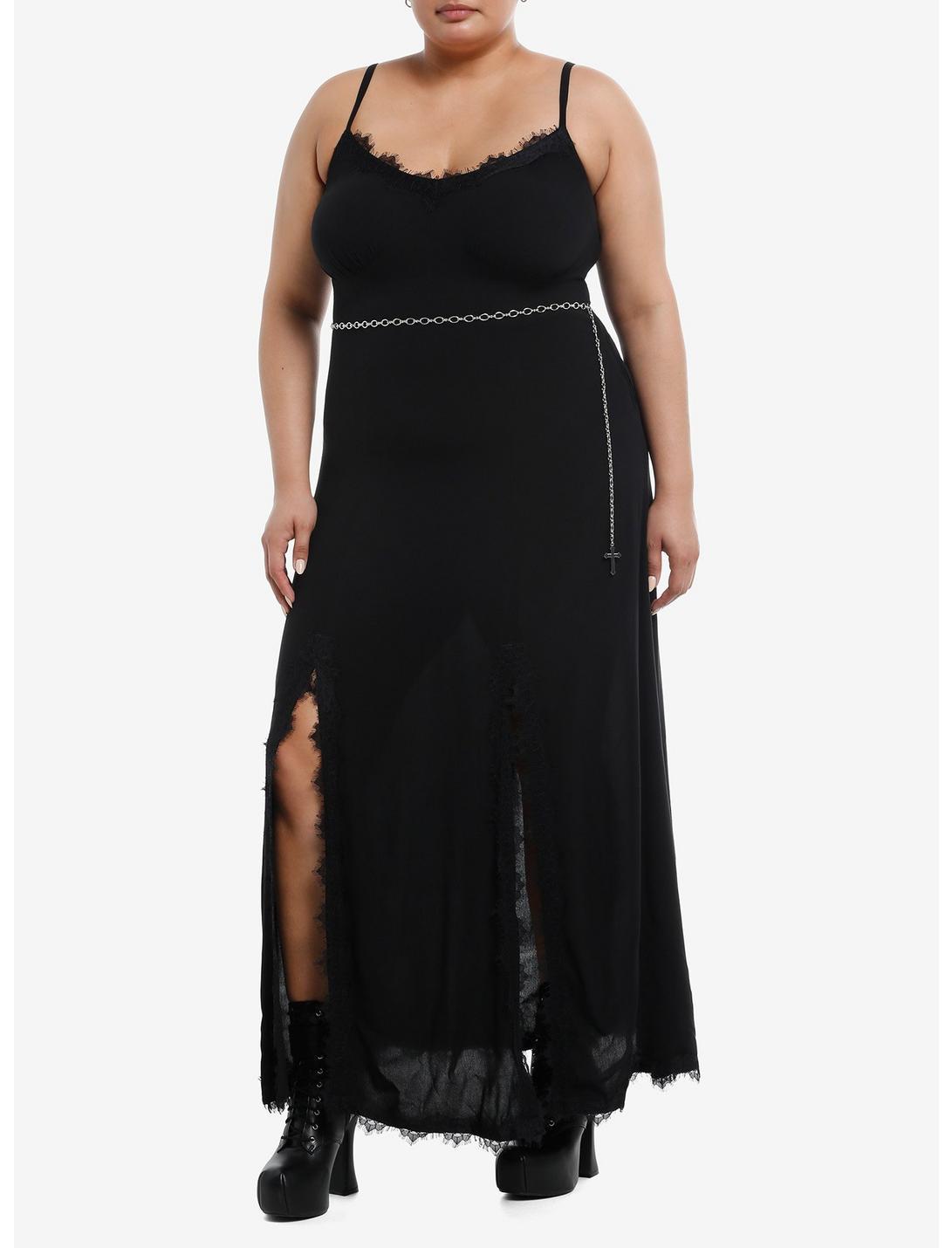 Cosmic Aura Black Double Slit Cross Chain Belt Maxi Dress Plus Size Product Image