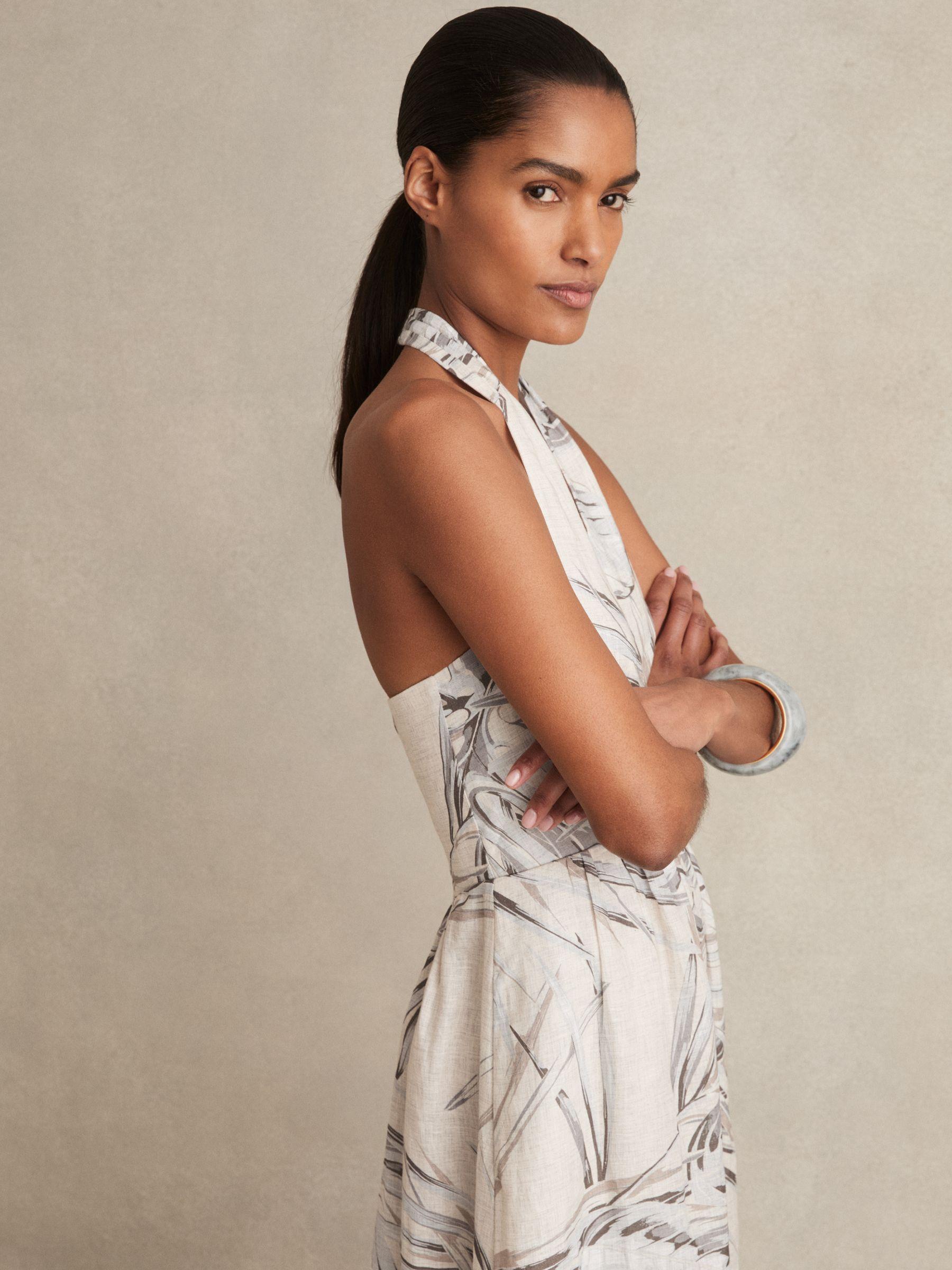 Petite Linen Palm Print Halterneck Midi Dress in Neutral Product Image