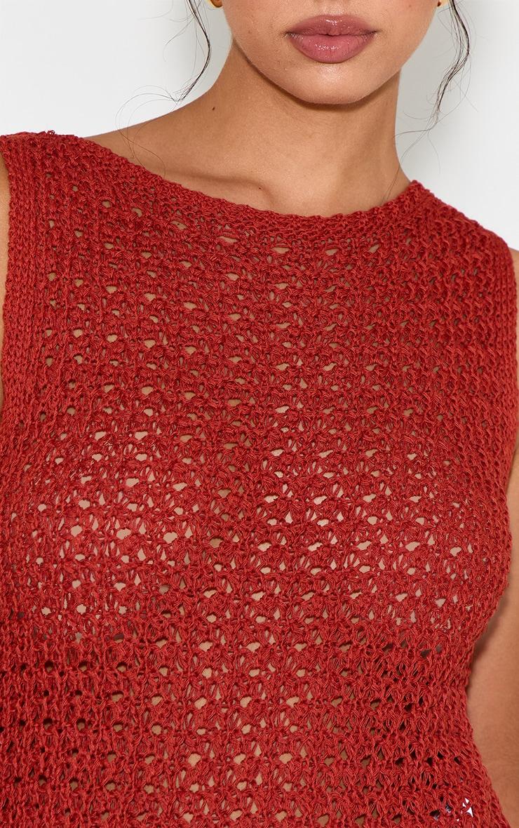 Rust Crochet Boat Neck Fringe Top Product Image