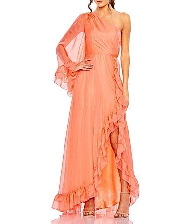Mac Duggal Ruffled Asymmetrical Neck One Long Sleeve A Product Image