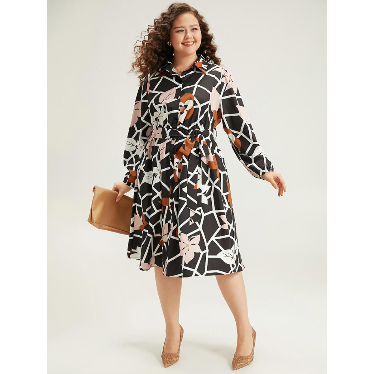 Plus Size Geometric & Plants Button Through Pocket Dress Multicolor Women Office Elastic cuffs Shirt collar Long Sleeve Curvy Midi Dress BloomChic 12/L Product Image