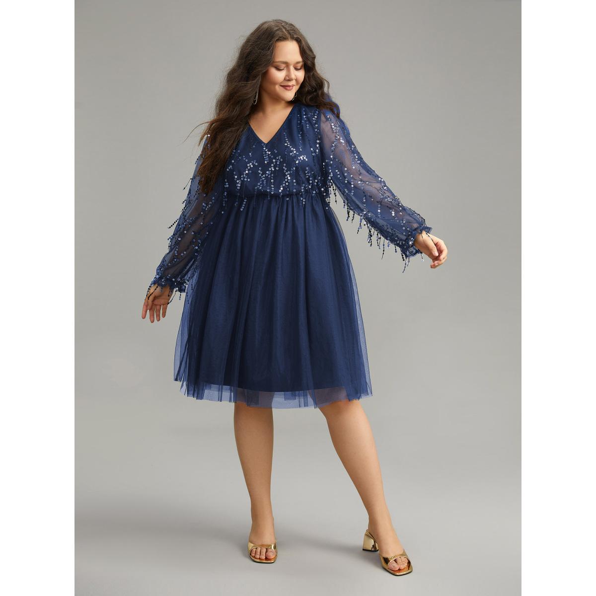 Plus Size Sequin Mesh Patchwork Tassel Dress DarkBlue Women Cocktail Gathered Overlap Collar Long Sleeve Curvy Knee Dress BloomChic 26/4X Product Image