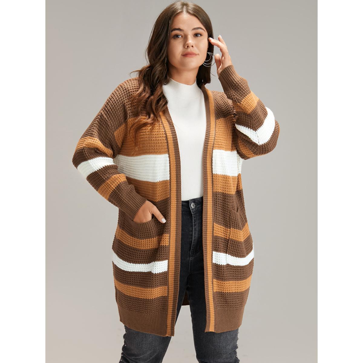 Plus Size Contrast Open Front Patched Pocket Tunic Cardigan Multicolor Women Casual Loose Long Sleeve Dailywear Cardigans BloomChic 26/4X Product Image