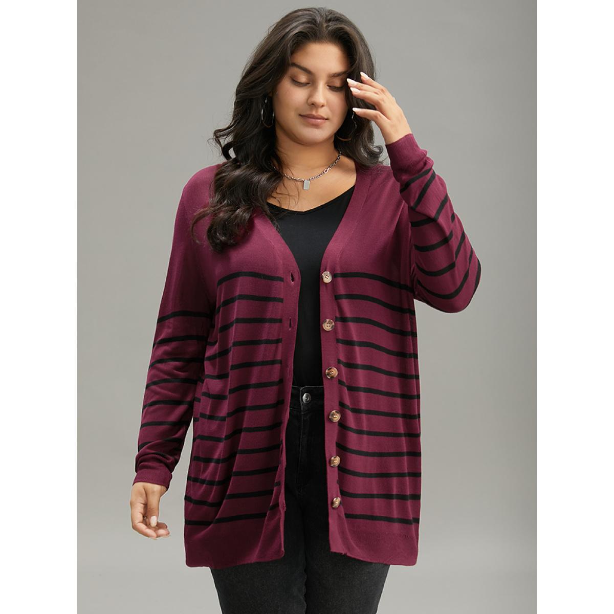 Plus Size Supersoft Essentials Striped Button Fly Tunic Cardigan Burgundy Women Casual Loose Long Sleeve Dailywear Cardigans BloomChic 22-24/3X Product Image