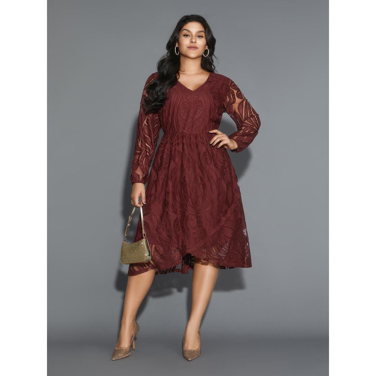 Plus Size Crochet Lace Mesh Lantern Sleeve Dress Burgundy Women Cocktail Overlapping Party Curvy Bloomchic 30/6X Product Image