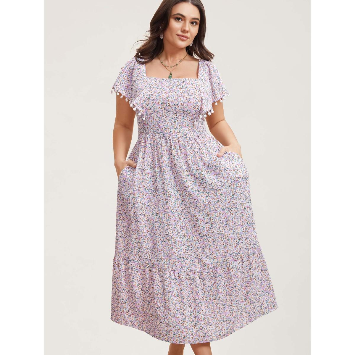 Plus Size Square Neck Floral Print Tassels Tiered Midi Dress Lavender Women Elegant Woven ribbon&lace trim Square Neck Short sleeve Curvy BloomChic 14-16/1X Product Image