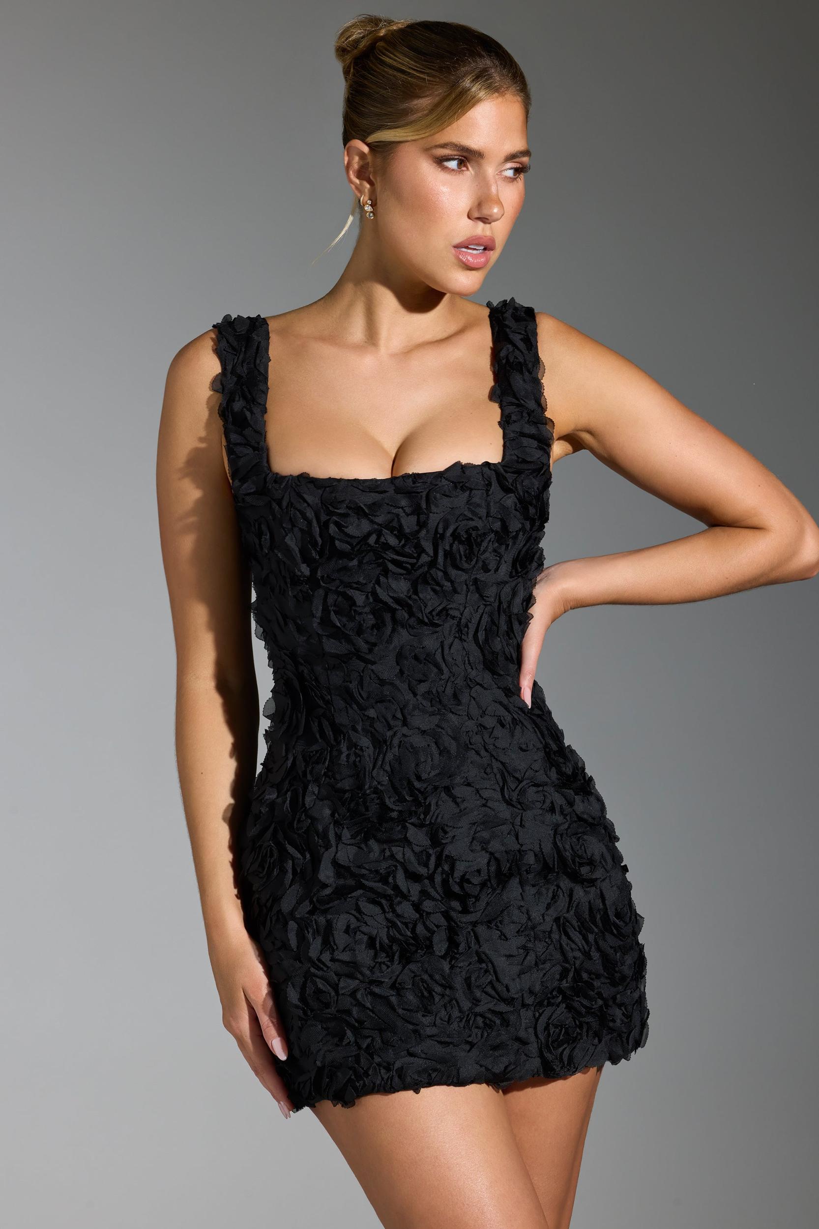 Floral-Appliqué Corset Mini Dress in Black Product Image