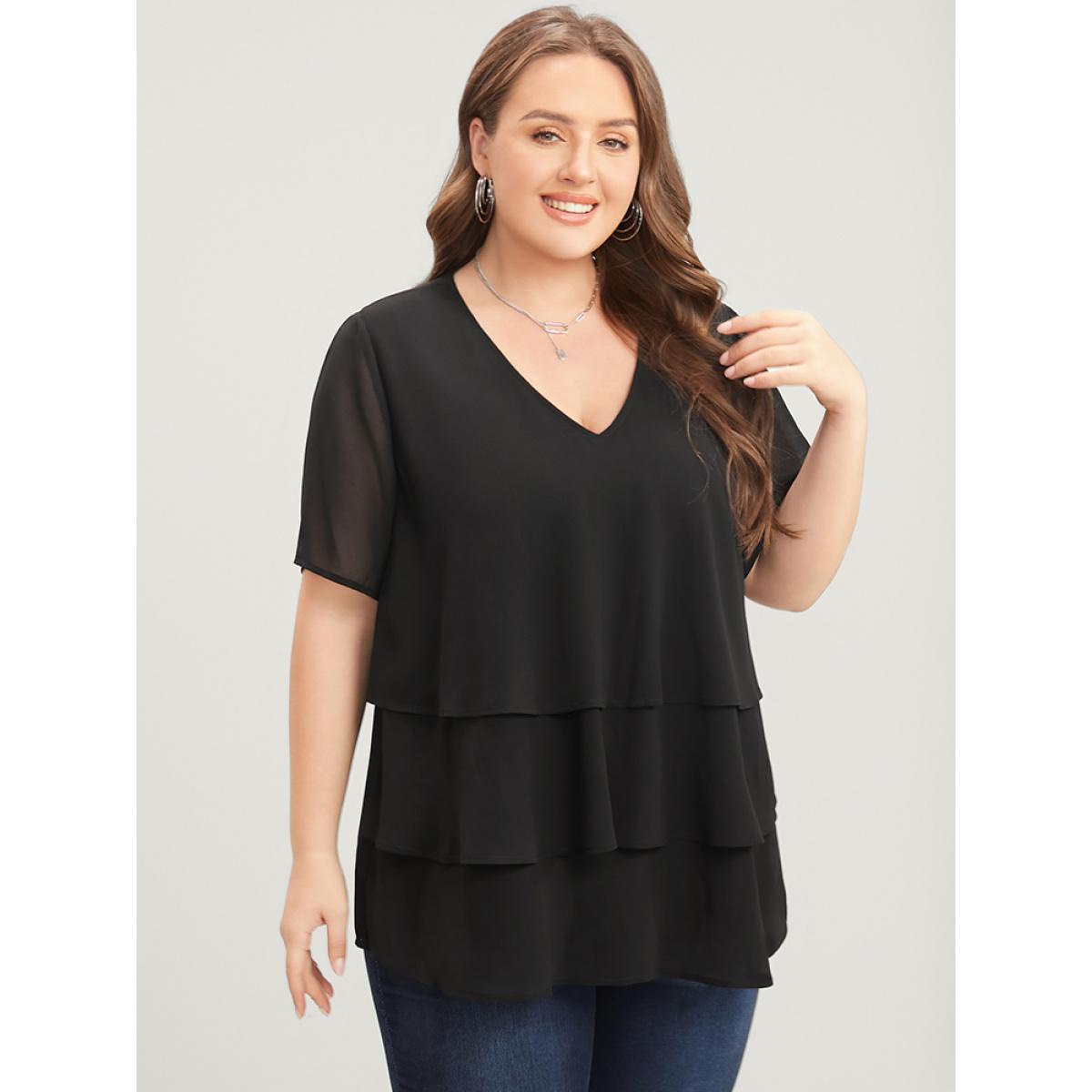 Plus Size Black Plain V Neck Mesh Ruffle Tiered Blouse Women Casual Short sleeve V-neck Dailywear Blouses BloomChic 10/M Product Image