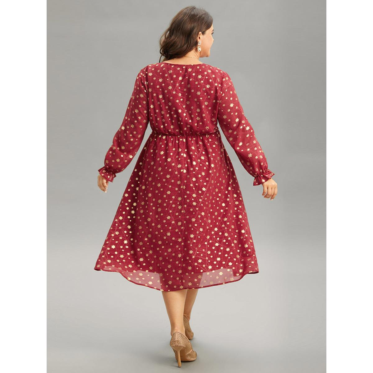 Plus Size Snowflake Glitter Mesh Gathered Ruffles Dress Scarlet Women Party See through V-neck Long Sleeve Curvy Midi Dress BloomChic 14-16/1X Product Image