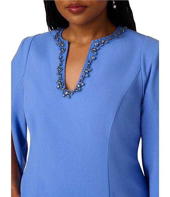 Adrianna Papell Plus Size Solid Crepe Jewel Embellished Split V-Neck Long Sleeve Sheath Dress Product Image