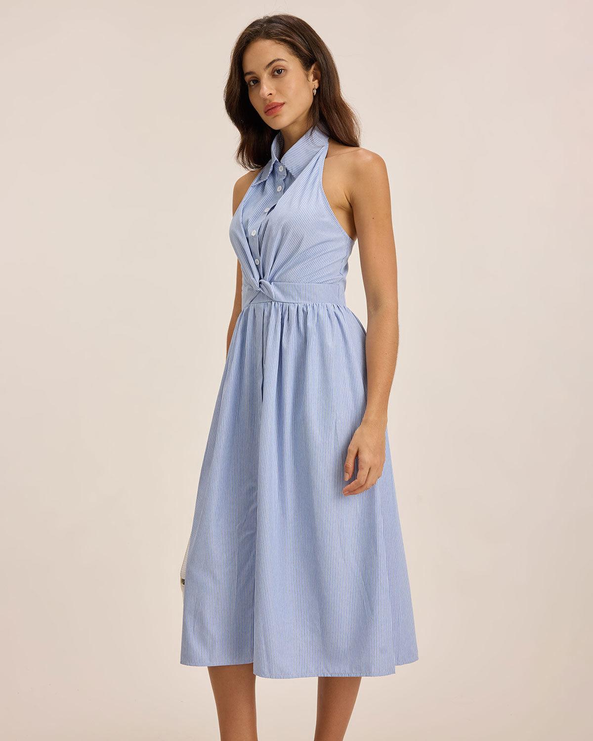 Blue Striped Twist Backless Midi Dress Product Image