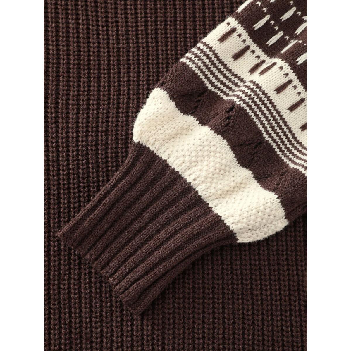 Plus Size Geometric Stripe Sleeve Round Neck Pullover Browncoffeecolor Women Loose Long Sleeve Turtleneck Casual Pullovers BloomChic 10/M Product Image