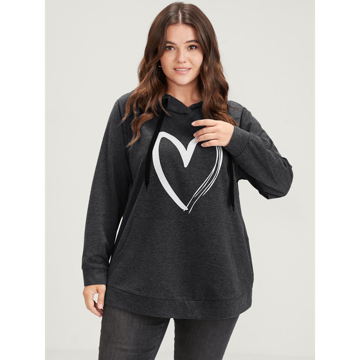 Plus Size Heart Print Drop Shoulder Pocket Drawstring Hooded Sweatshirt Women DarkGray Casual Plain Hooded Dailywear Sweatshirts BloomChic 18-20/2X Product Image