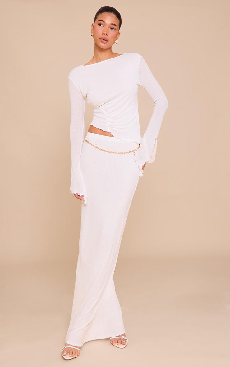 White Burnout Mesh Ruched Front Flared Sleeve Long Top Product Image