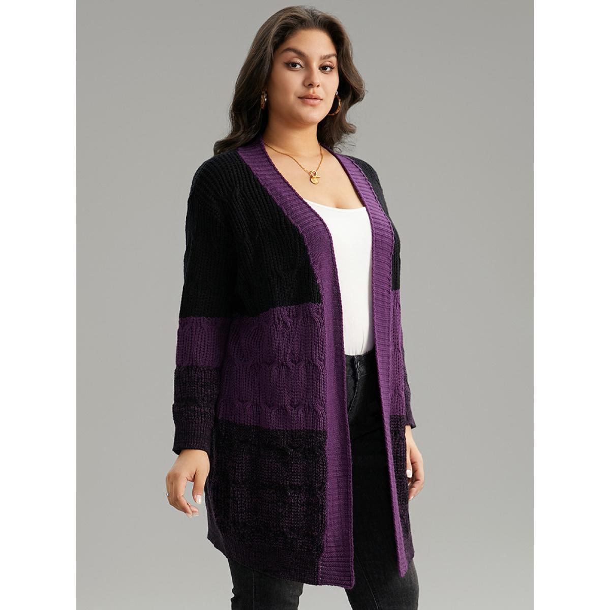 Plus Size Colorblock Heather Open Front Tunic Cardigan Purple Women Casual Loose Long Sleeve Dailywear Cardigans BloomChic 10/M Product Image