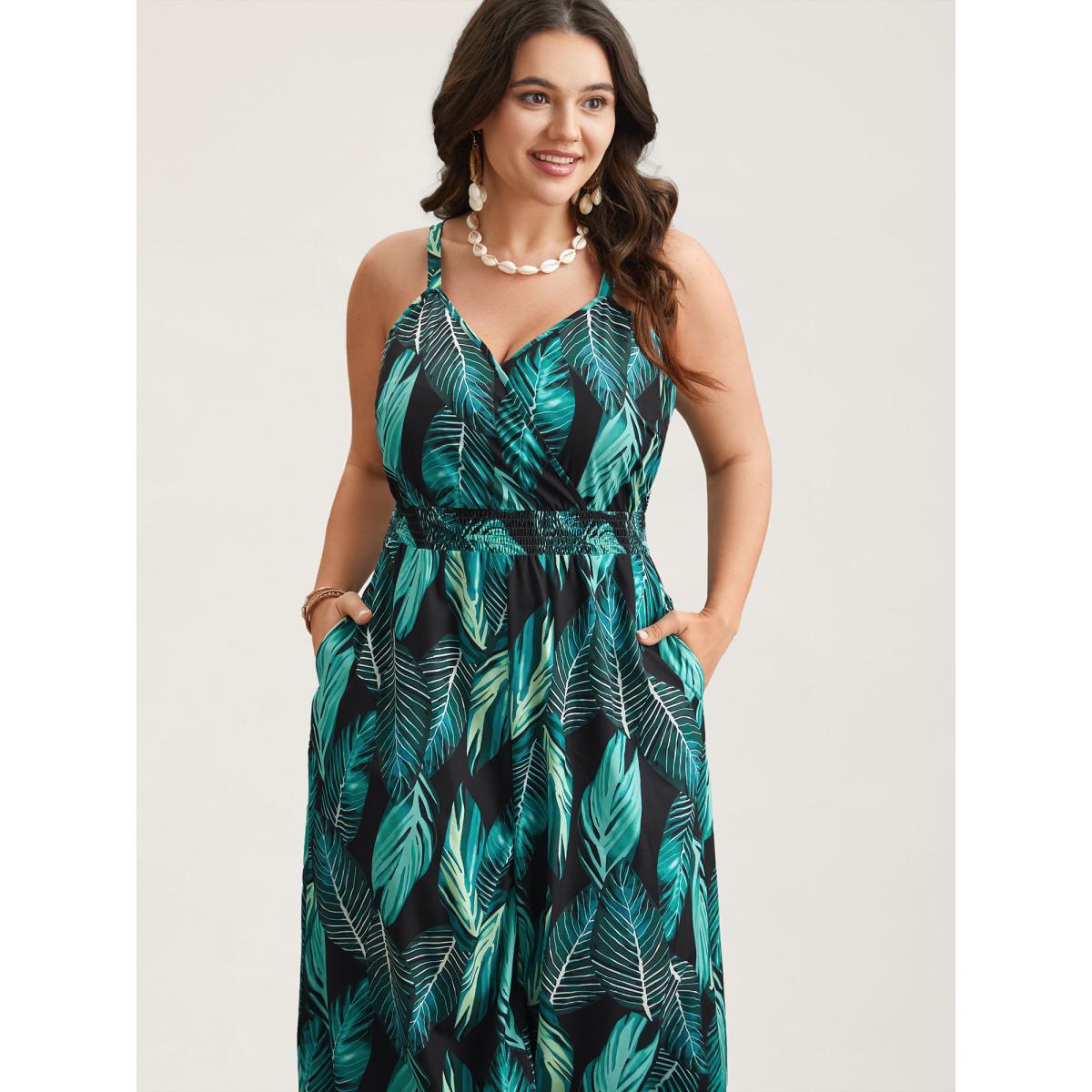 Plus Size Black Tropical Print Waist-Cinched Pockets Jumpsuit Women Resort Sleeveless Overlap Collar Vacation Loose Jumpsuits BloomChic 14-16/1X Product Image