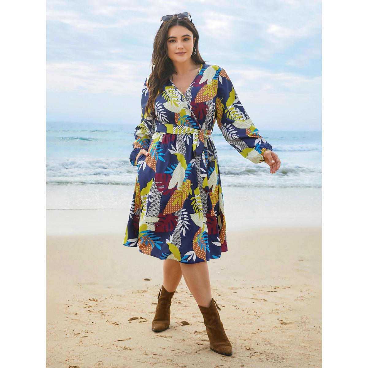 Plus Size Surplice Neck Tropical Leaf Pockets Midi Dress DarkBlue Women Elegant Belted Overlap Collar Long Sleeve Curvy BloomChic 22-24/3X Product Image