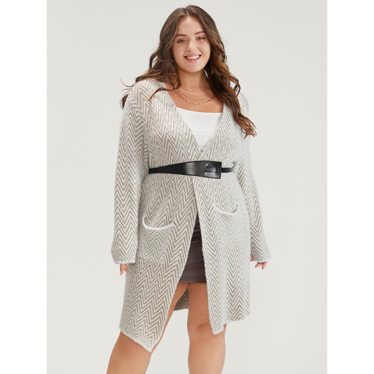 Plus Size Geometric Super Soft Plush Knit Pocket Open Front Cardigan Tan Women Elegant Long Sleeve Dailywear Cardigans BloomChic 30/6X Product Image