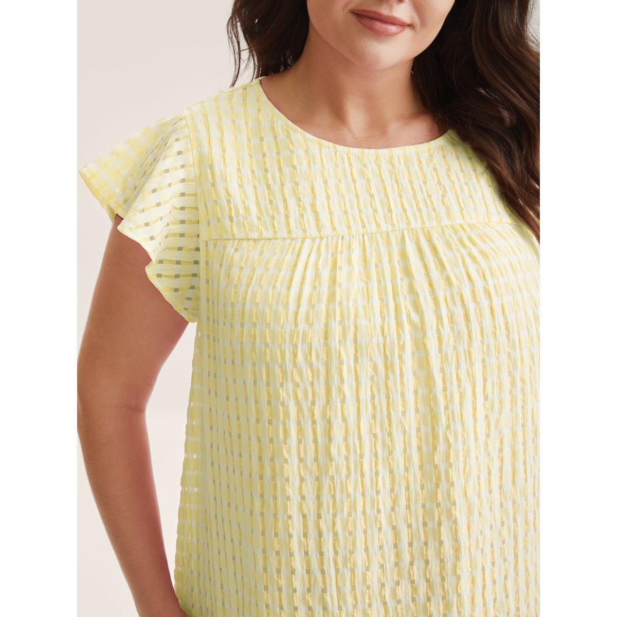 Plus Size Lightyellow Textured Sheer Lined Flutter Sleeve Blouse Women Leisure Cap Sleeve Round Neck Casual Blouses BloomChic 12/L Product Image