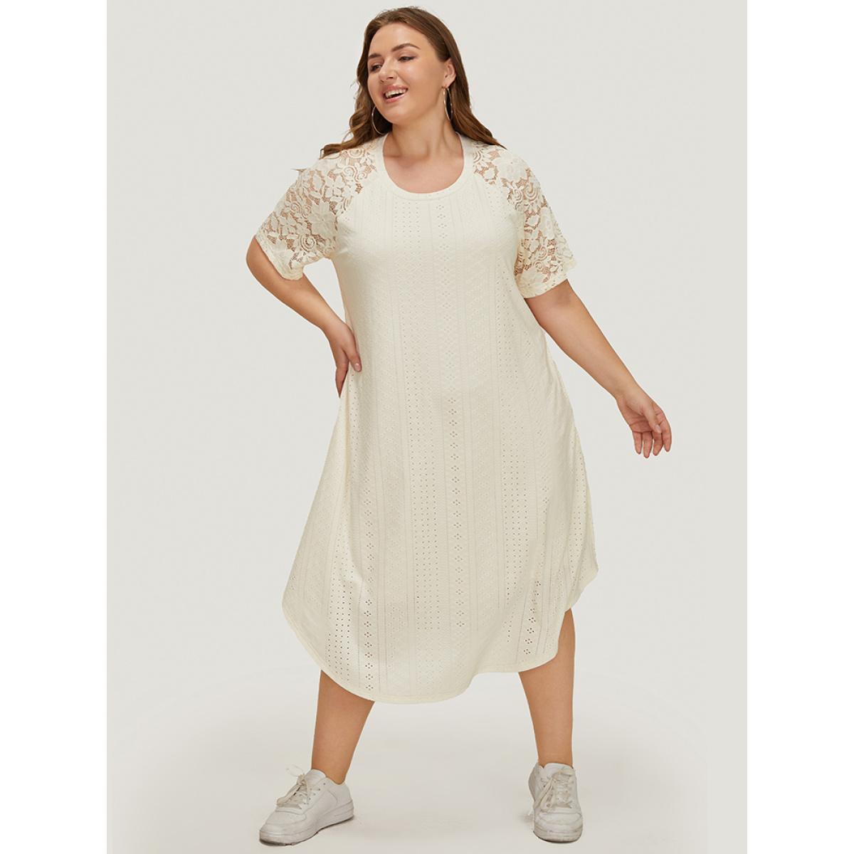Plus Size Plain Lace Sleeve Pocket Arc Hem Broderie Anglaise Dress Beige Women Casual Lined Round Neck Short sleeve Curvy Midi Dress BloomChic 22-24/3X Product Image