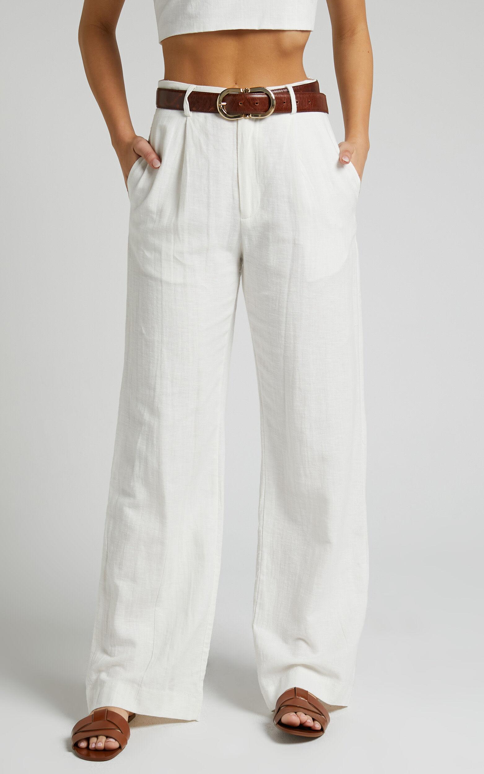 Larissa Trousers - Linen Mid Waisted Relaxed Straight Leg Trousers in White Product Image