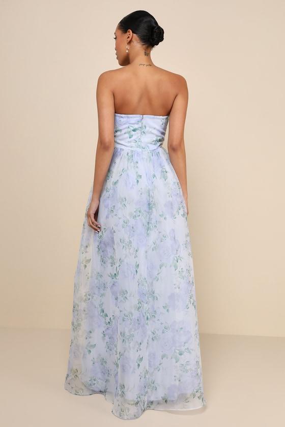 Charming Sweetness Periwinkle Floral Organza Bustier Maxi Dress Product Image