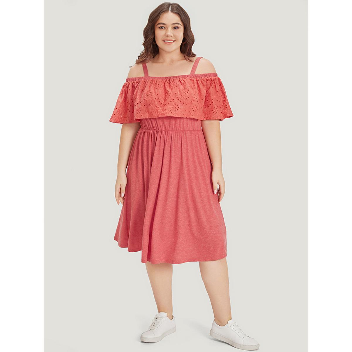 Plus Size Supersoft Essentials Cold Shoulder Broderie Anglaise Layered Dress OrangeRed Women Casual Adjustable Straps Cold Shoulder Short sleeve Curvy Midi Dress BloomChic 14-16/1X Product Image