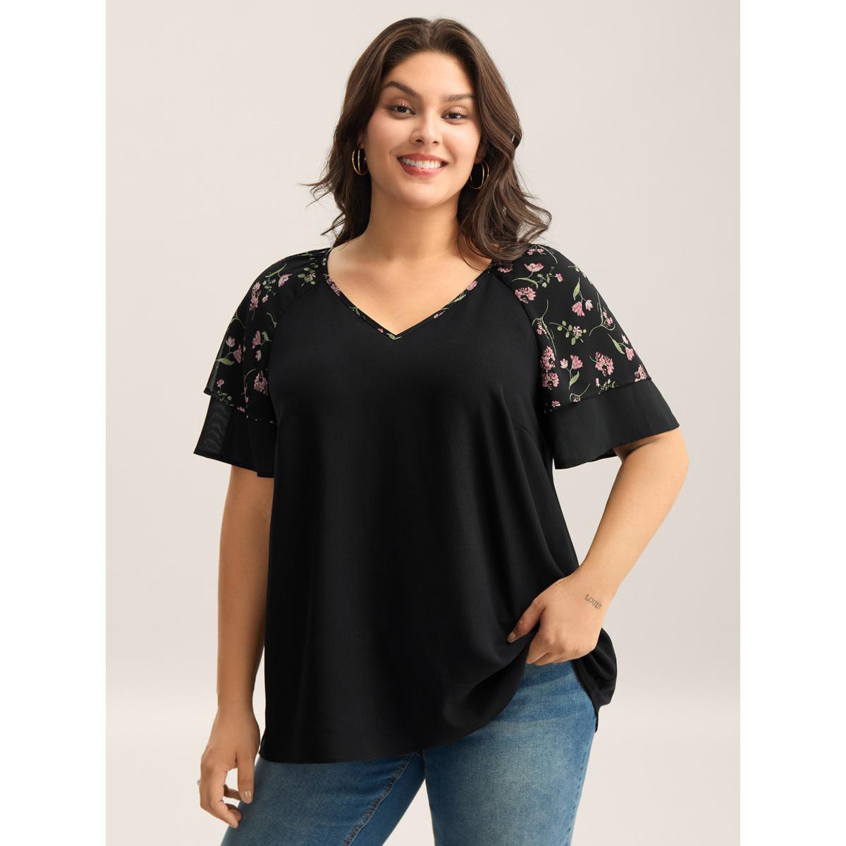 Plus Size Black Floral Layered Sleeve Solid Blouse Women Leisure Short sleeve V-neck Casual Blouses BloomChic 22-24/3X Product Image