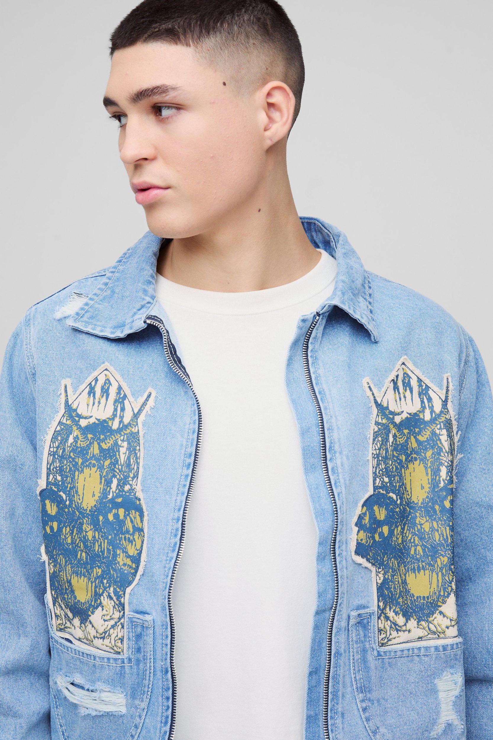 Boxy Harrington Embroidered Jean Jacket | boohooMAN USA Product Image
