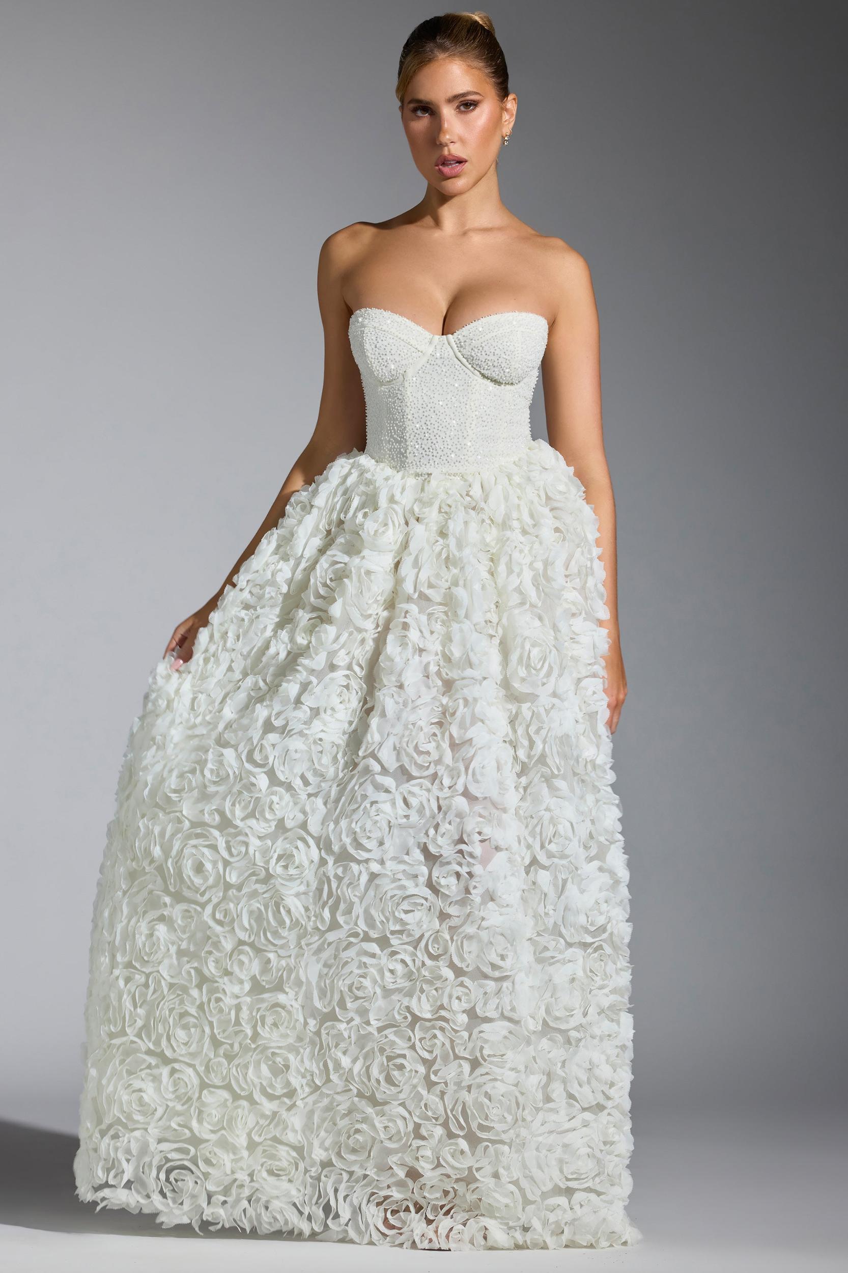 Embellished Floral-Appliqué Corset Gown in White Product Image