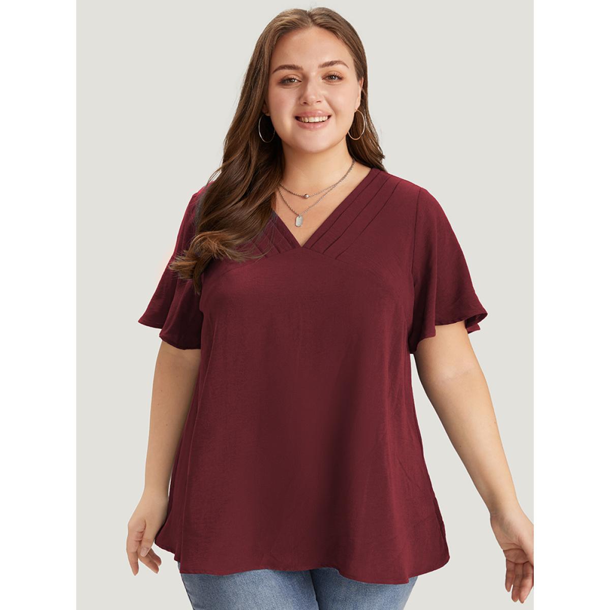Plus Size Burgundy Solid Pleated V Neck Blouse Women Office Short sleeve V-neck Dailywear Blouses BloomChic 22-24/3X Product Image