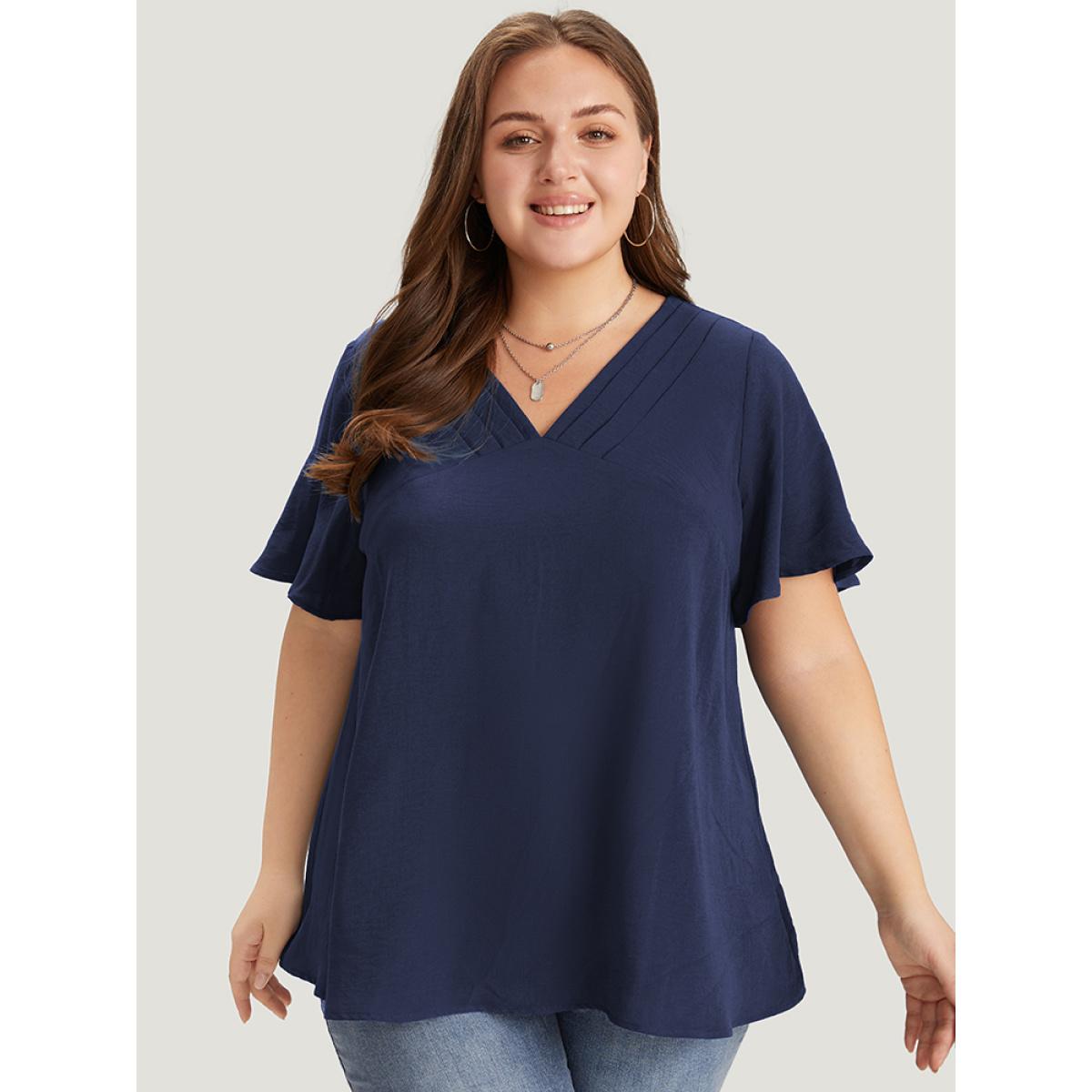 Plus Size Indigo Solid Pleated V Neck Blouse Women Office Short sleeve V-neck Dailywear Blouses BloomChic 26/4X Product Image