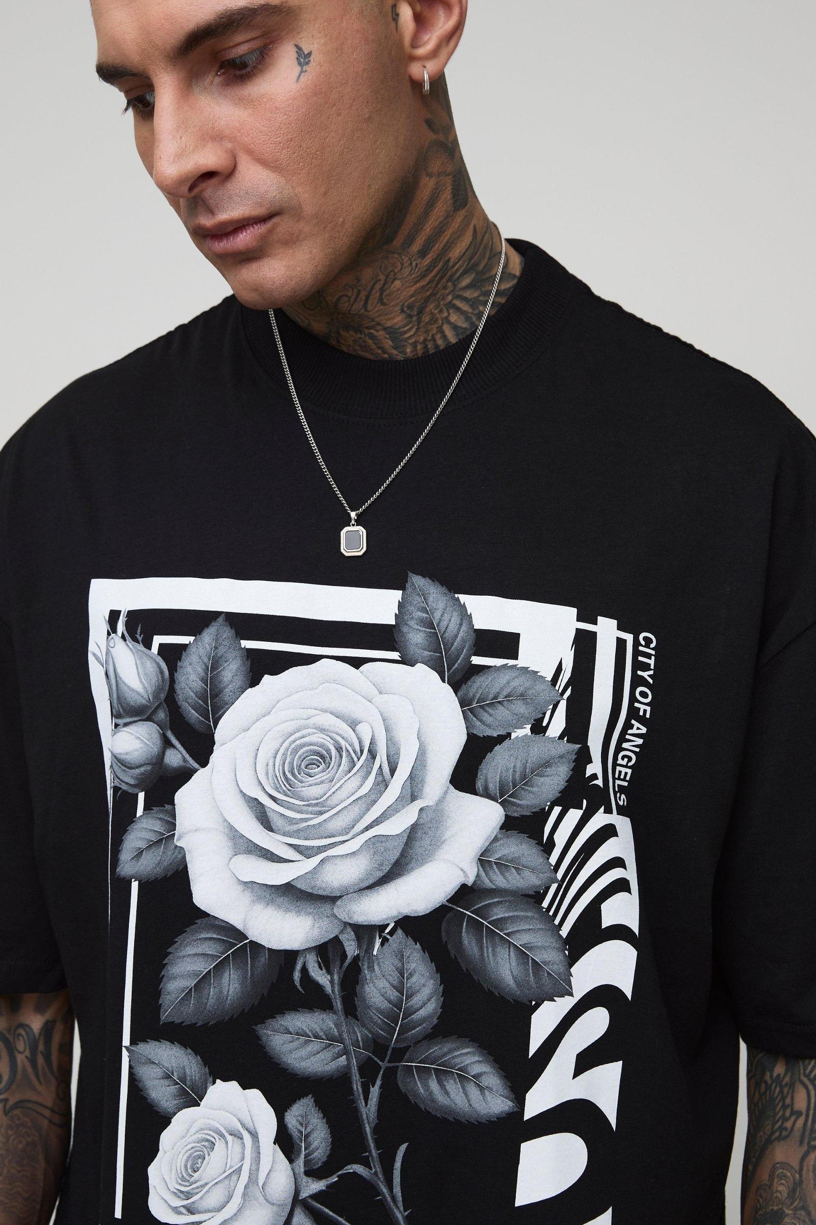 Tall Oversized Extended Neck Floral Print T-Shirt | boohooMAN USA Product Image