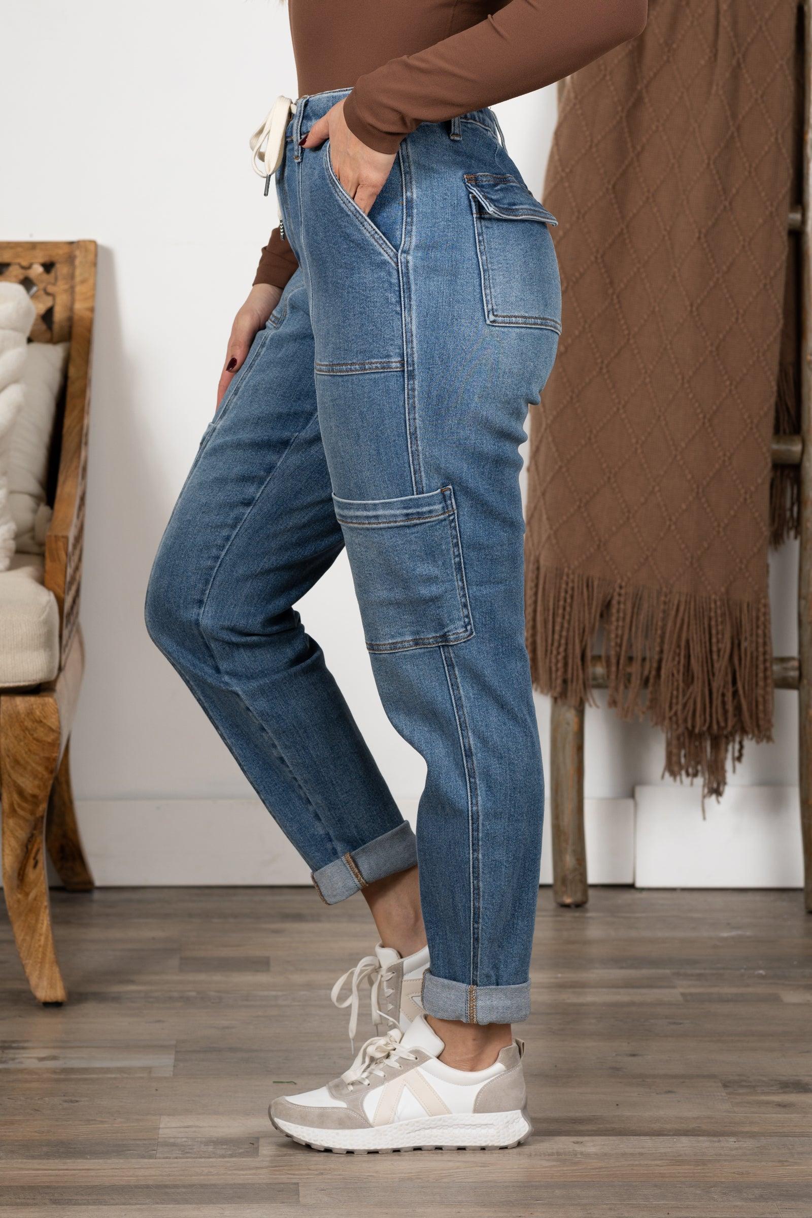 Judy Blue Medium Wash Cuffed Cargo Joggers Product Image