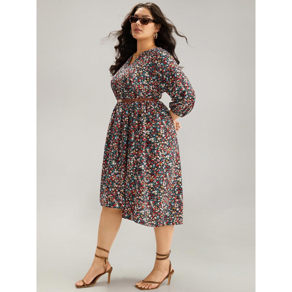 Plus Size Ditsy Floral Pocket Lantern Sleeve Ruffle Hem Dress Multicolor Women Vacation Elastic cuffs Notched collar Elbow-length sleeve Curvy Midi Dress BloomChic 28/5X Product Image