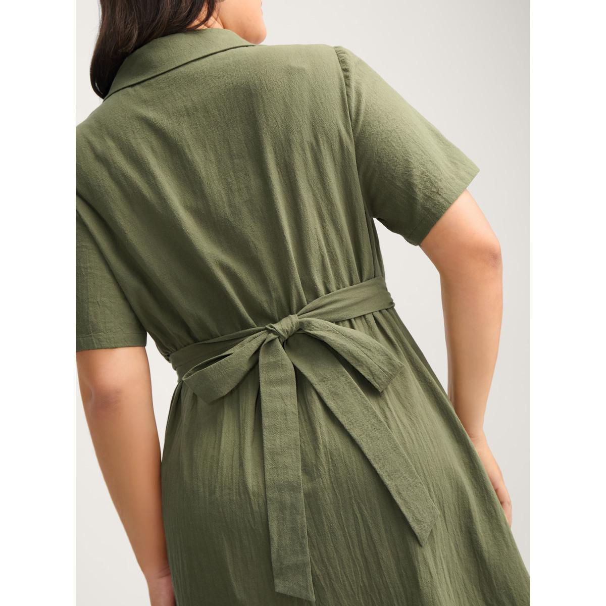 Plus Size Cotton Back-Tie Overlap Shirt Dress ArmyGreen Women Office Tie knot Shirt collar Short sleeve Curvy BloomChic 22-24/3X Product Image