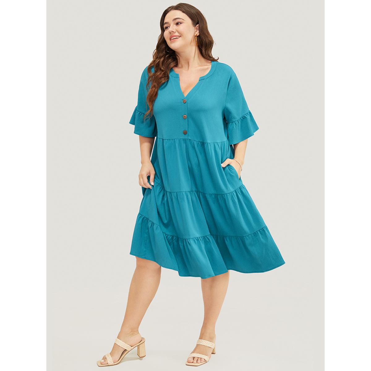 Plus Size Solid Button Detail Pocket Ruffle Tiered Bell Sleeve Midi Dress Cerulean Women Vacation Stand-up collar Half Sleeve Curvy Knee Dress BloomChic 30/6X Product Image