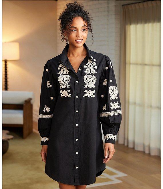 Karen Kane Blouson Long Sleeve Point Collar Rope Stitch Embroidery Shirtdress Product Image