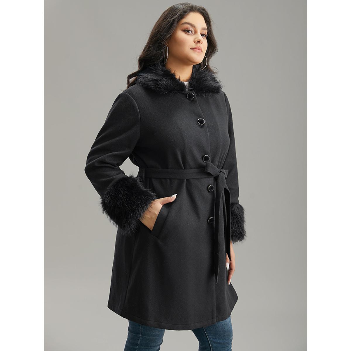 Plus Size Solid Fuzzy Trim Button Through Belted Coat Women Black Casual Plain Ladies Dailywear Winter Coats BloomChic 10/M Product Image