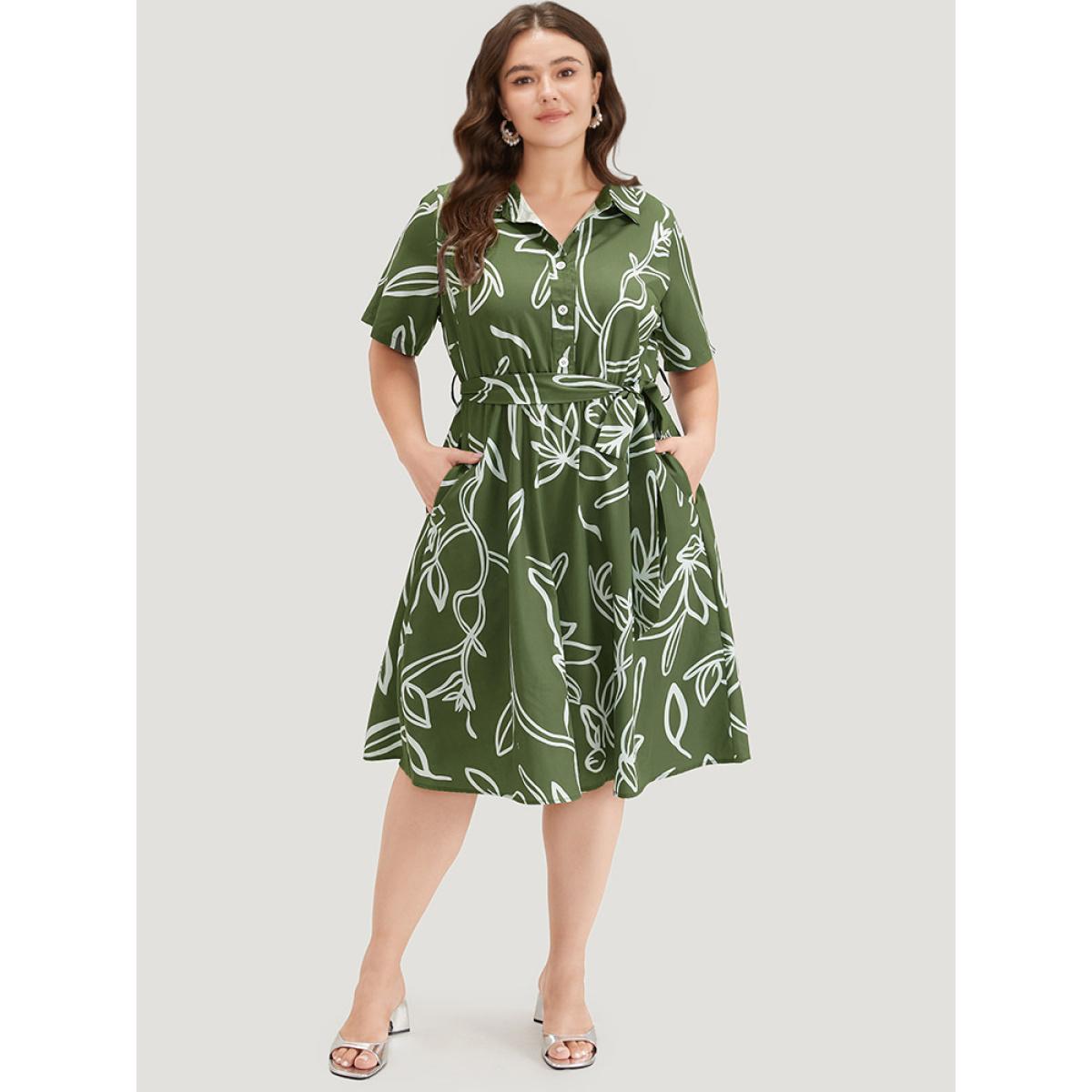Plus Size Graphic Print Belted Shirt Collar Button Up Dress Sage Women Office Belted Shirt collar Short sleeve Curvy Midi Dress BloomChic 30/6X Product Image